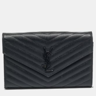 Saint Laurent Saint Laurent Envelope Black Matelass&eacute; Leather Wallet On Chain