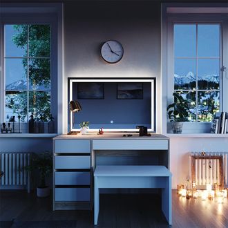 Vicco Tocador Sherry, Blanco/sonoma, 120 Cm Con Espejo Led Y Taburete