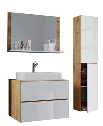 ebuy24 Ebuy24 - Vcm 4 Piezas Lavabo Lavabo Gabinete Inferior Ancho 80 Cm Muebles De Ba&ntilde;o Conjunto Con Cajones Puertas Giratorias Espejo Lendas L (roble Miel 