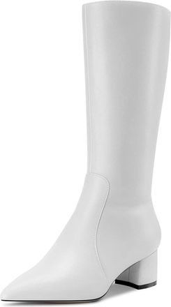 Castamere Women Chunky Block Mid Heel Pointed Toe Mid Calf Zipper Boots Wedding Cute 5 CM Heels White 9 UK