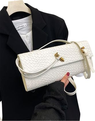 Generic Woven Clutch Bag, Green, Faux Leather, Envelope Style with Gold Hardware and Handle (White)