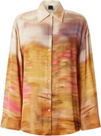 Pinko Pinko, Overhemden, Dames, Beige, M, Satijn, Life Camicia Stampa Paesaggio