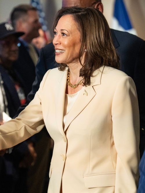 Vice President Kamala Harris greets first responders as she tours the Houston Office of Emergency Management after she was briefed on the regions recovery efforts from Hurricane Beryl on Wednesday, July 24, 2024, in Houston. She made an early arrival to Houston the day before she is scheduled to speak to the American Federation of Teachers' annual convention.