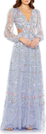 Mac Duggal Long Blouson Sleeve Floral Embroidery Cut Out A-Line Gown in Periwinkle at Nordstrom, Size 14