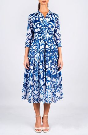 Samantha Sung Maiolica Tile Midi Shirtdress in White Blue at Nordstrom, Size 10