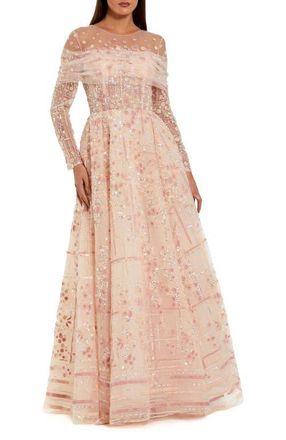 Mac Duggal Illusion Neck Long Sleeve Embroidered Ballgown in Rose at Nordstrom, Size 16
