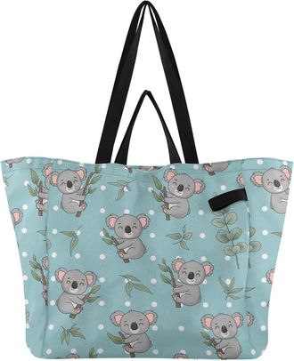 Generic Koala Leaves Teal pattern Reusable Canvas Tote Bag, Heavy Duty Grocery Shopping Bag with Large Capacity Hard Bottom Double Handles Work Groceries Trav