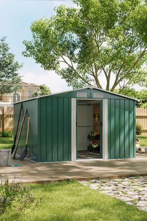 Living and Home 8.5 x 8.5 ft Metal Shed Garden Storage Shed, 4-Vent Heavy-Duty Storage w/ Weatherproof Apex Roof & Double Sliding Doors & Base