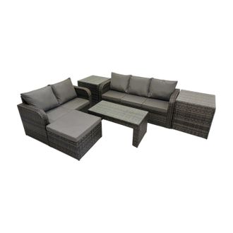Fimous 3 Seater Sofa Love Sofa Coffee Table with Big Footstool 2 Side Tables in Dark Grey