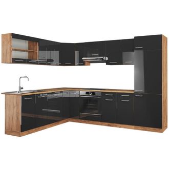 Vicco Cucina angolare completa R-Line, Antracite lucido/oro power oak, 227 x 287 cm senza piano di lavoro