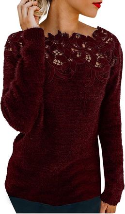 Generic HUIFUAO Lace Cashmere Jumpers Ladies Plus Size Velvet Sweaters for Women UK Long Sleeve Elegant Sexy Womens Sweatshirts and Pullover (Red, XXXXL)