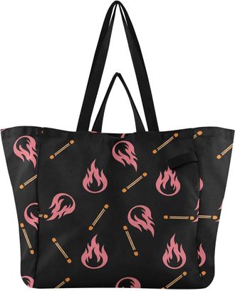 Generic Fire Black pattern Reusable Canvas Tote Bag, Heavy Duty Grocery Shopping Bag with Hard Bottom Double Handles Large Capacity Work Groceries Travel
