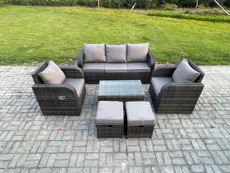 Fimous Outdoor Rattan Garden Furniture Set Patio Lounge Sofa Set with Reclining Chair Rectangular Coffee Table in Dark Grey