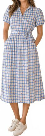Pinch Design Cherry Gingham Wrap Midi Dress In Blue And Cream