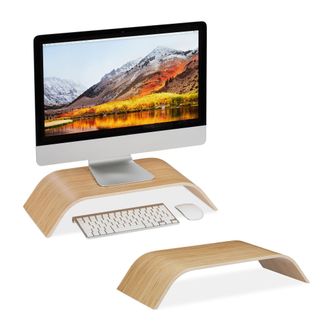 Relaxdays 2 Soportes Monitor Y Port&aacute;til Con Forma Ergon&oacute;mica Curva, Bamb&uacute;, Marr&oacute;n, 10 X 52,5 X 24 Cm