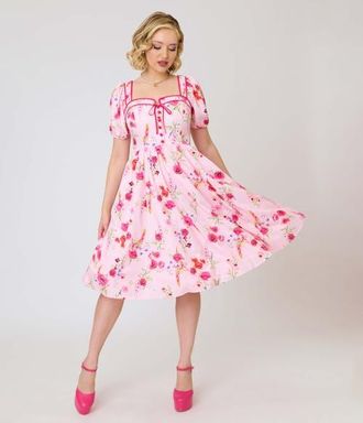 Unique Vintage 1940s Sweetheart Button Front Swing Dress in Pink Floral Print at Nordstrom, Size X-Large