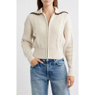 Rails Lune Cable Knit & Rib Cotton Blend Cardigan in Heather Oat Chocolate at Nordstrom, Size X-Large