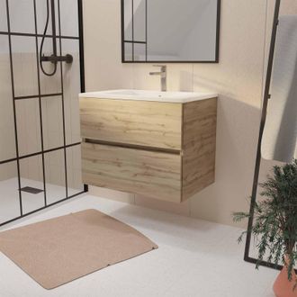 Aurlane Mueble De Ba&ntilde;o 70 Cm Decorado Roble Con 2 Cajones Y Lavabo Cer&aacute;mica Blanca
