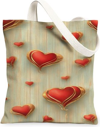 Generic Heart Pattern Canvas Tote Bags, Romantic Love Design Reusable Grocery Bags, Vintage Lightweight Washable Shoulder Strap Can, Red, 13x15 Inch