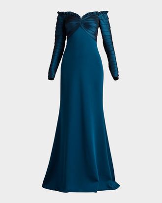 Tadashi Shoji Off-Shoulder Pleated Taffeta and Crepe Gown