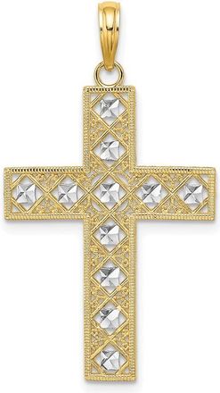 Diamond2Deal 14k Yellow Gold and White Rhodium Diamond-cut and Cut-Out Cross Charm Pendant