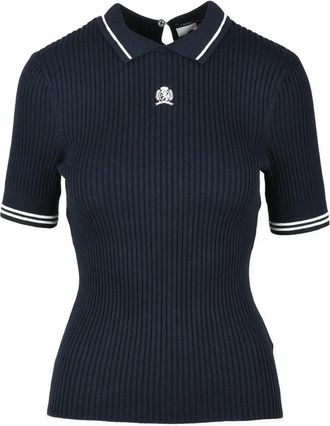 Tommy Hilfiger Navy Blue Ribbed Knit Cotton Viscose Polyamide Silk Top