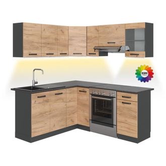 Vicco Cocina Esquinera Rick, Antracita/roble Dorado, 187 X 167 Cm, Et Negro Estampado Con Tira De Led