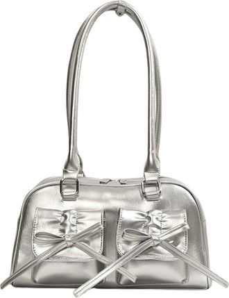 Generic Womens Fashion Shoulder Bag - PU Leather Bow Handbag, Double Pockets Tote/Bowling Bag, Solid Color for Daily Commute, Shopping & Outdoor Party (Silver