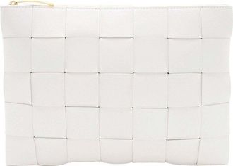Bottega Veneta White Intrecciato Nappa Leather Cassette Medium Flat Zip Pouch (Authentic Pre-Loved)