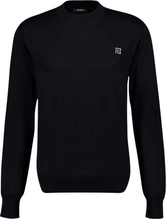 Balmain Zijde-katoenen trui met PB-logo - Heren - Ronde hals truien - Zwart - M - Katoen - Truien & Vesten