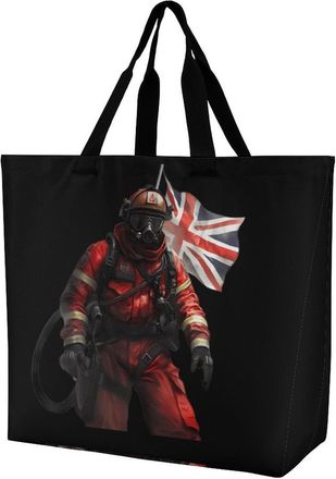 Generic Firefightman English Flag Large Reusable Shopping Bag Lightweight Foldable Tote Bags Washable Shoulder Handbag