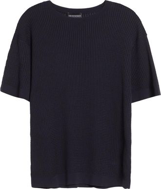Emporio Armani Chain Link Short Sleeve Sweater in Solid Blue Navy at Nordstrom, Size Xx-Large