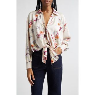 Cinq &agrave; Sept Iris Bouquet Marianna Print Tie Front Button-Up Shirt in Oatmilk Multi at Nordstrom, Size X-Large