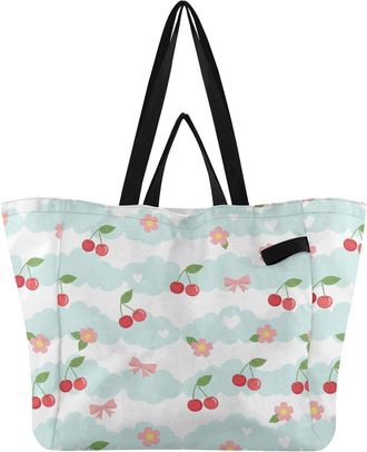 Generic Cute Cherries Flowers White pattern Reusable Canvas Tote Bag, Heavy Duty Grocery Shopping Bag with Hard Bottom Large Capacity Double Handles Work Groc