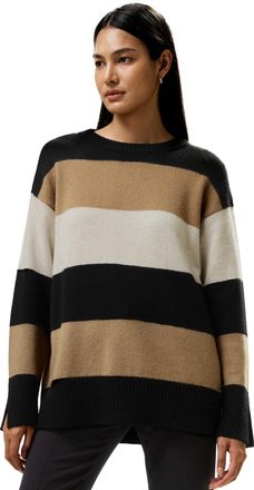 LilySilk 100% Cashmere Sweater for Women Oversized Drop-Shoulder Block Tri-Colored Striped Slit Pullover Fall Winter(Black & Camel & Beige,S