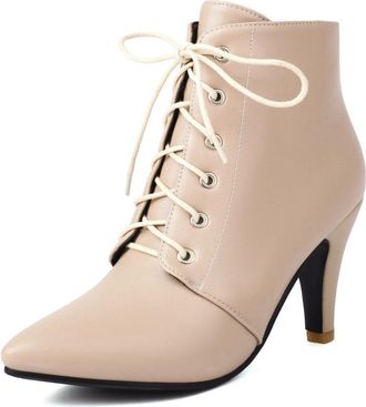 Generic Womens Ankle Boots Faux Leather Lace-Up Pointed Toe Stiletto Heels Metal Eyelets Slim Fit Soft Inner Lining Durable Non-Slip Outsole Sleek Design,Khak