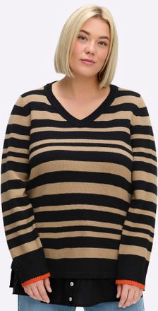 Sheego 2-in-1-Pullover SHEEGO Pullover, Damen, Gr. 40/42, schwarz-weiss (schwarz, beige, gestreift), 50% Baumwolle, 50% Polyacryl, Einsatz:65% Baumwolle, 35%