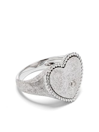 Yvonne Léon 9kt white gold Chevalière Coeur Pailletée signet ring - women - 9kt White Gold/Diamond - 46 - Silver