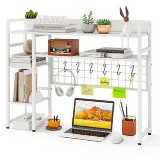 Costway Mensola da Scrivania, Scaffale Espositivo a 4 Ripiani con Pannello a Griglia Metallica e 6 Ganci, Organizzatore da Scrivania per Computer
