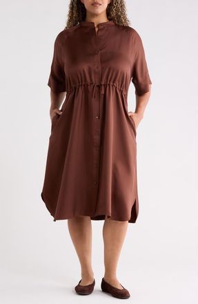 Eileen Fisher Silk Mandarin Collar Midi Dress in Truffle at Nordstrom, Size 2X