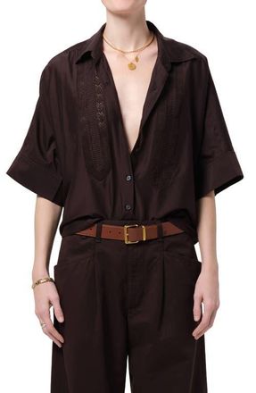 Citizens Of Humanity Claire Lace Inset Cotton & Silk Blend Button-Up Top in Chocolate Dark Brown at Nordstrom, Size X-Large