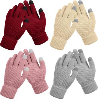 Generic Upgrade 4 Pairs Womens Winter Knit Gloves Warm Fleece Lined Touch Screen Elastic Cuff Cold Weather Gloves, C, One Size