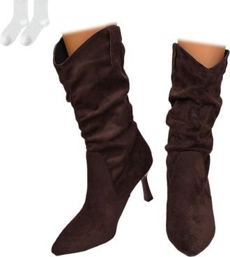 Generic Womens Mid-Calf Slouch Boots with An 8 Cm Heel, High-Heeled Boots with Pointed Toe in A Suede Look, Elegant Tall Boots for Everyday Wear, Leisure, Par