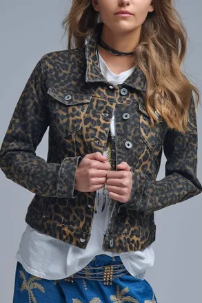 Q2 Leopard Print Denim Jacket In Brown