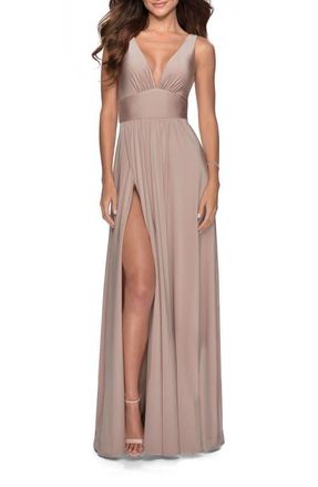 La Femme Empire Waist Gown with Deep V Neckline in Nude at Nordstrom, Size 14