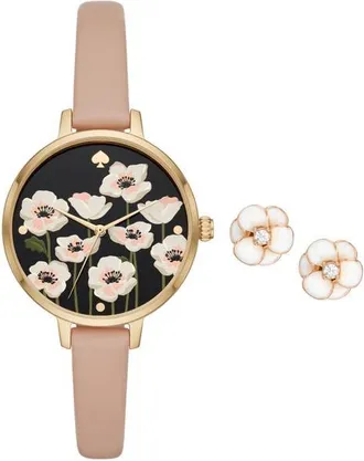 Kate Spade New York three-hand quartz leather strap watch & earrings set in Gold at Nordstrom
