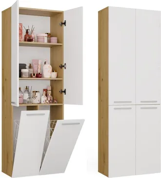 Topeshop Nel 2k Dd Mueble De Ba&ntilde;o - 3 Estantes, 2 Cesto De La Ropa - 60x174x30 Cm - Roble Artisan Blanco