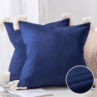 OEM Fundas De Coj&iacute;n Cuadradas De Terciopelo De Pana Suave Phantoscope Con Borlas De Algod&oacute;n, Color Liso, Ideales Para Decorar El Sof&aacute;, 45 X 45 Cm, Azul Ma