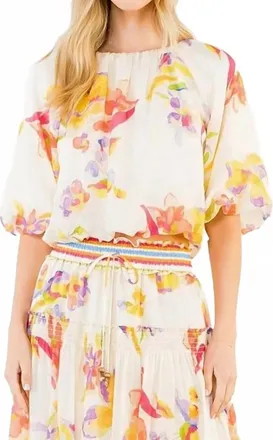 THML Clothing Floral Gather Neck Top In White