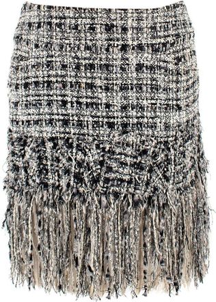 Chanel Black and White Tweed Mini Skirt with Fringe Hem Size XS